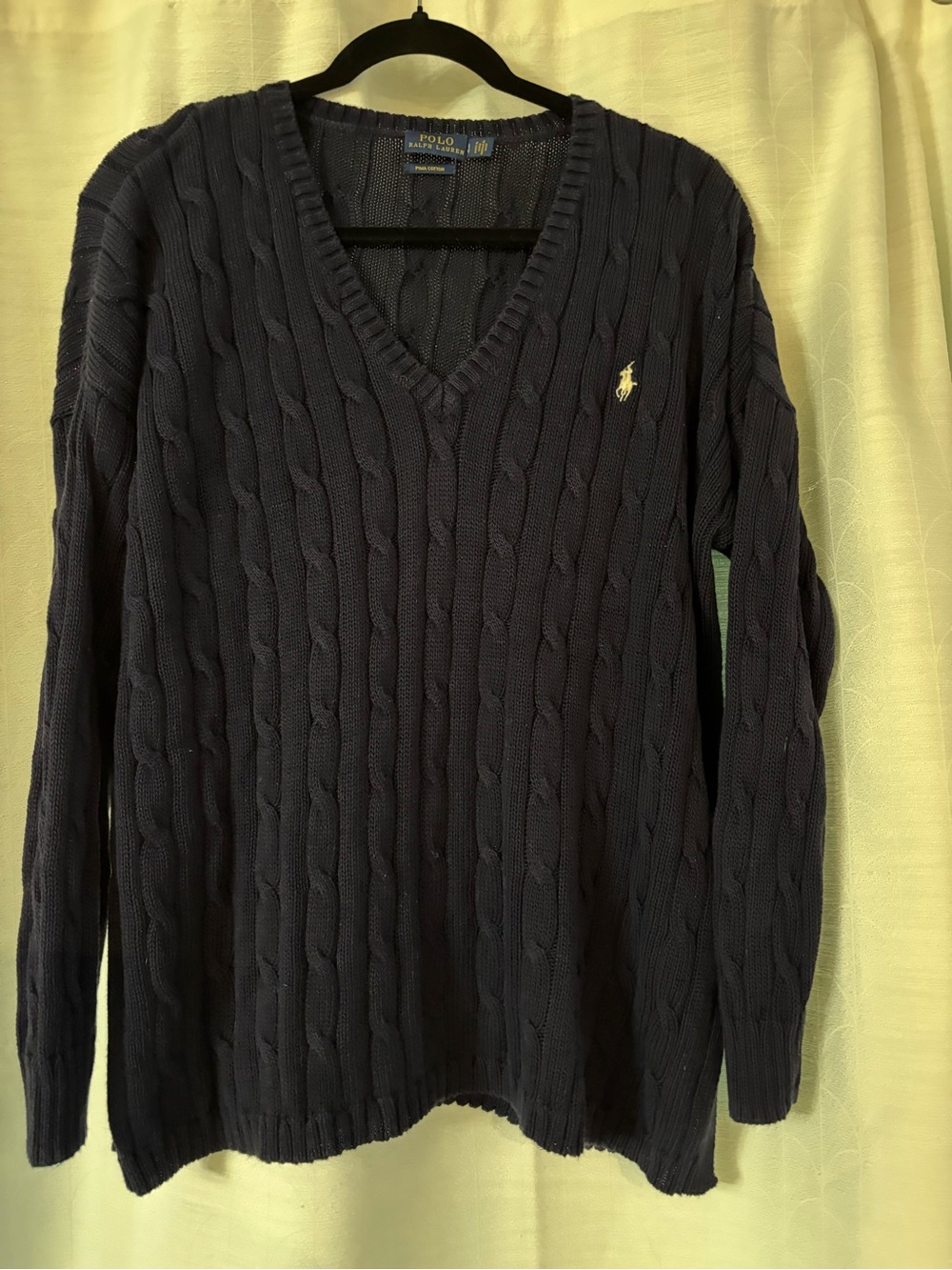 Polo by Ralph Lauren Navy Pina cotton Cable V-Neck Sweater with Embroidered Pony
